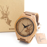 Deer Head Design Men Luxury Wooden Quartz Watches With Brown Leather Strap
