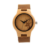 Deer Head Design Men Luxury Wooden Quartz Watches With Brown Leather Strap