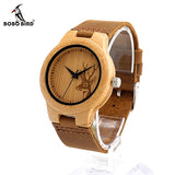 Deer Head Design Men Luxury Wooden Quartz Watches With Brown Leather Strap