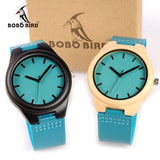 BOBO BIRD WF19F20 Bamboo Wooden Watches Hot Blue Leather Band Ebony Pine Wood Case Quartz Watch