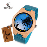 BOBO BIRD WF19F20 Bamboo Wooden Watches Hot Blue Leather Band Ebony Pine Wood Case Quartz Watch