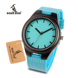 BOBO BIRD WF19F20 Bamboo Wooden Watches Hot Blue Leather Band Ebony Pine Wood Case Quartz Watch