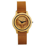 Elk Deer Head Bamboo Watches Women Genuine Leather Strap Female Clock