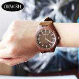 Fashion Men Leather Analog Classic Wooden Vintage Quartz Wrist Watches OKWISH